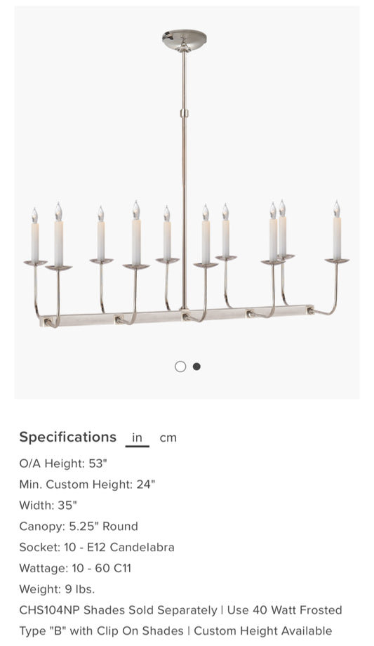 Visual Comfort linear chandelier, polished nickel, 35"W