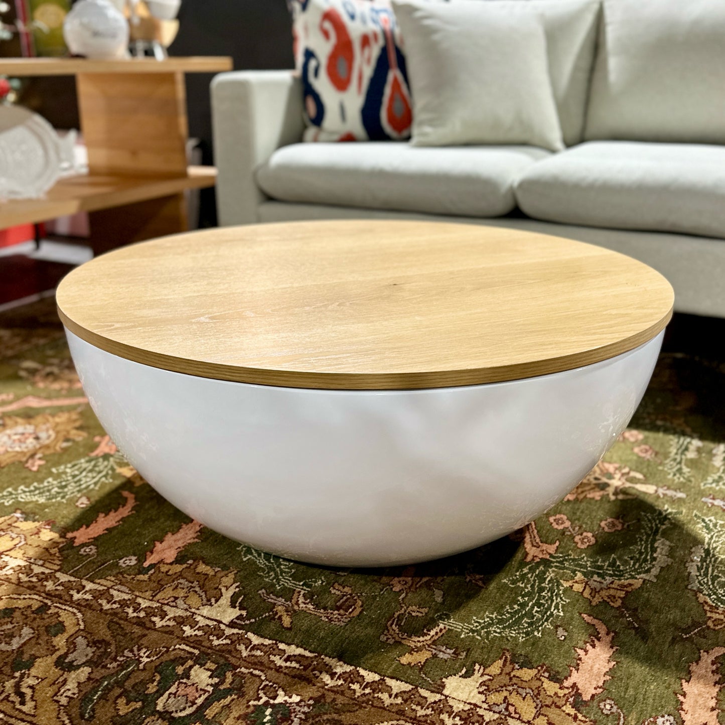 Feather Geary Storage Coffee Table, Oak & White, 35.75" Dia x 15.5" H