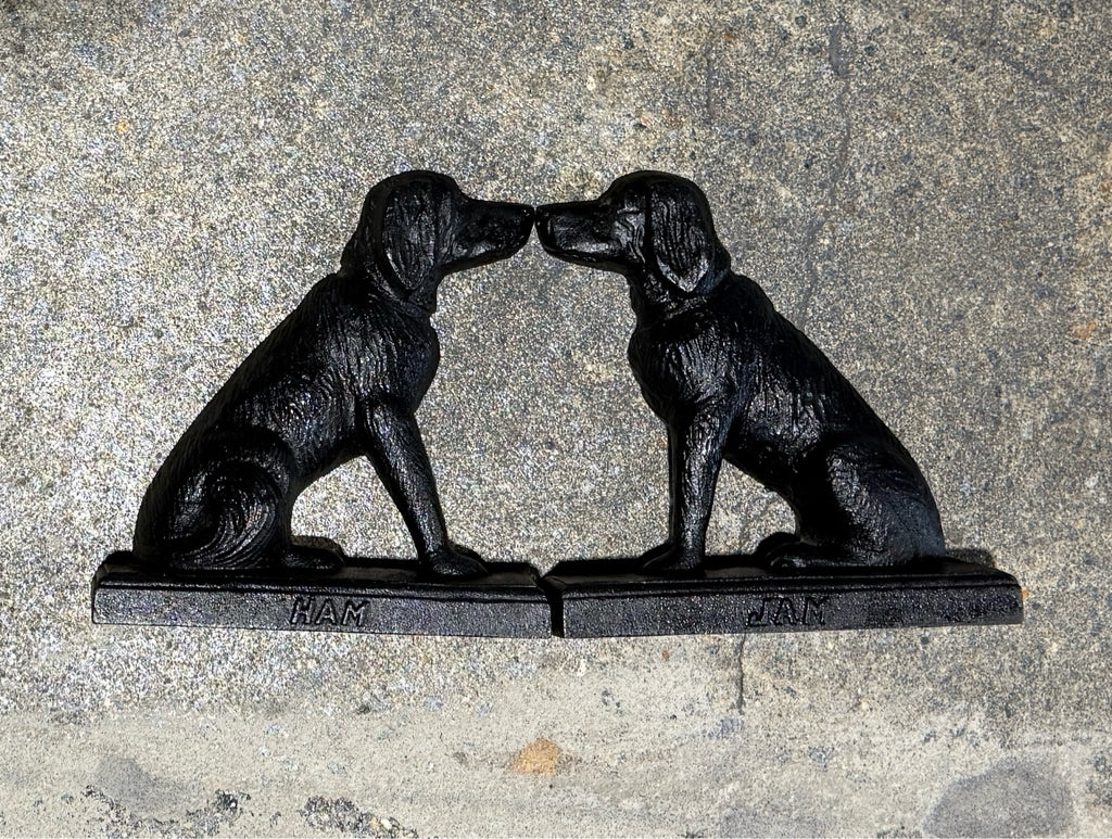 VTG Mary Baldwin "Ham & Jam" cast iron bookends, 7"W x 2"D x 7"H