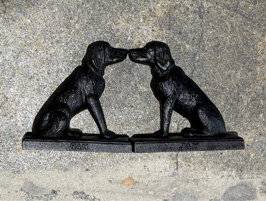 VTG Mary Baldwin "Ham & Jam" cast iron bookends, 7"W x 2"D x 7"H