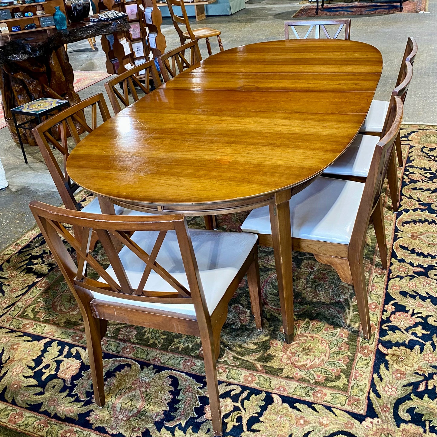 Oval Dining Table W/3 Leaves and 8 Chairs, 102"L x 46"D x 29.5"H