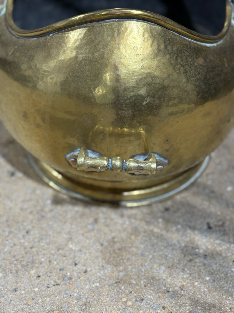 Antique brass & copper coal scuttle, handhammered, 15"L x 11"W x 13"H