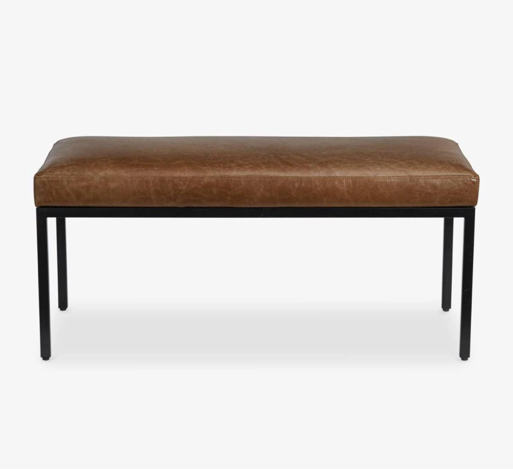NEW Lawton upholstered bench, saddle leather, 42'W x 18"D x 18"H