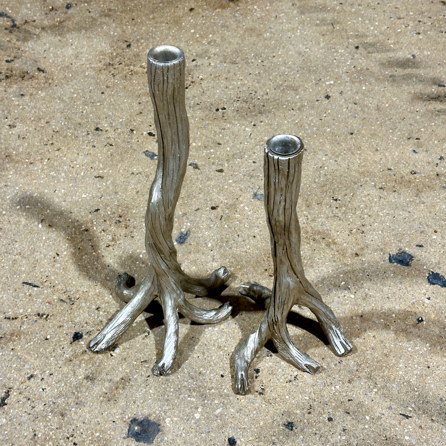 Pair of Silver-leafed Branch Candle Sticks, 15.25" H x 8.5" W & 13.5" H x 7" W