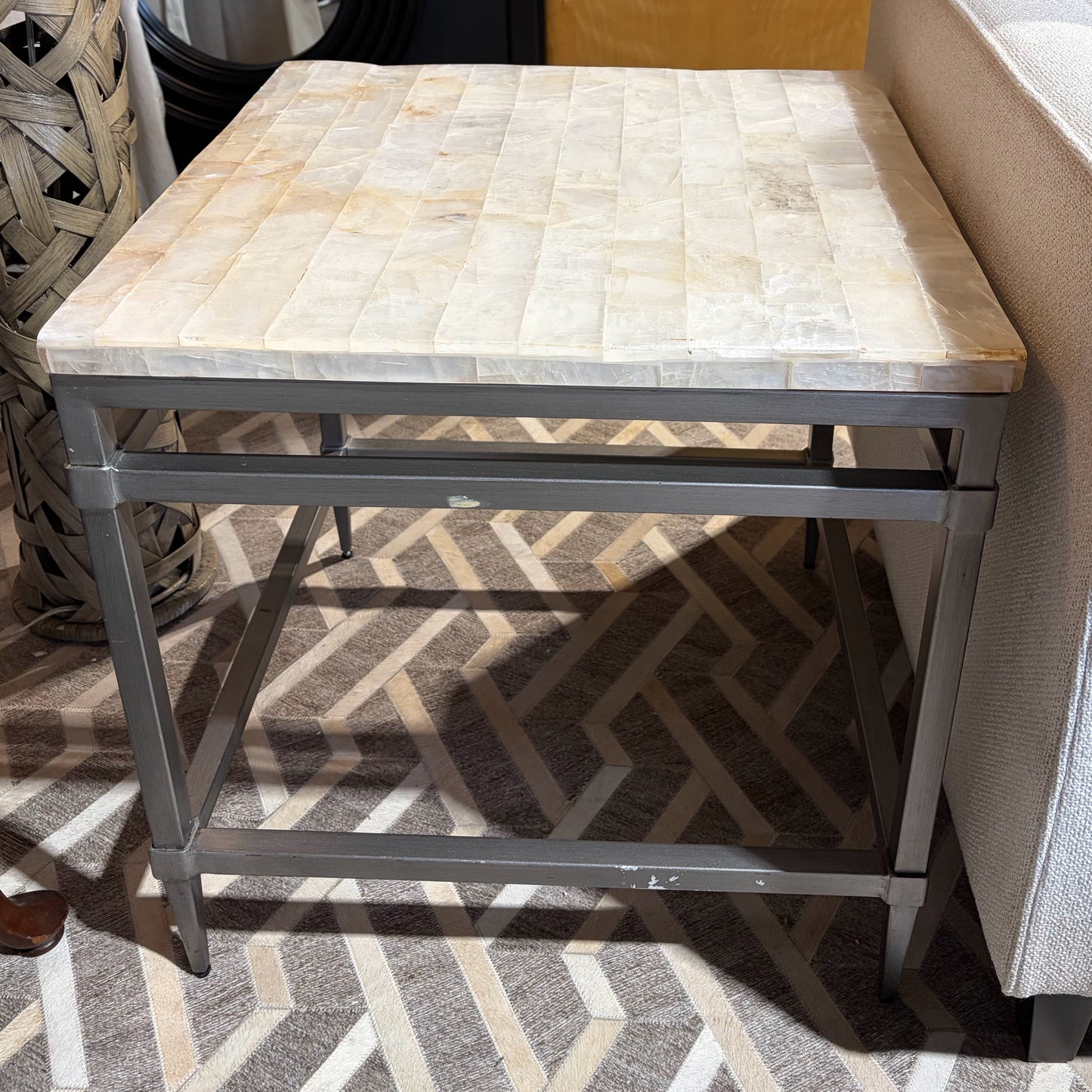Square Mosaic Fossilized Stone Top, Pewter Metal, 24"W x 24"D x 24.5"H