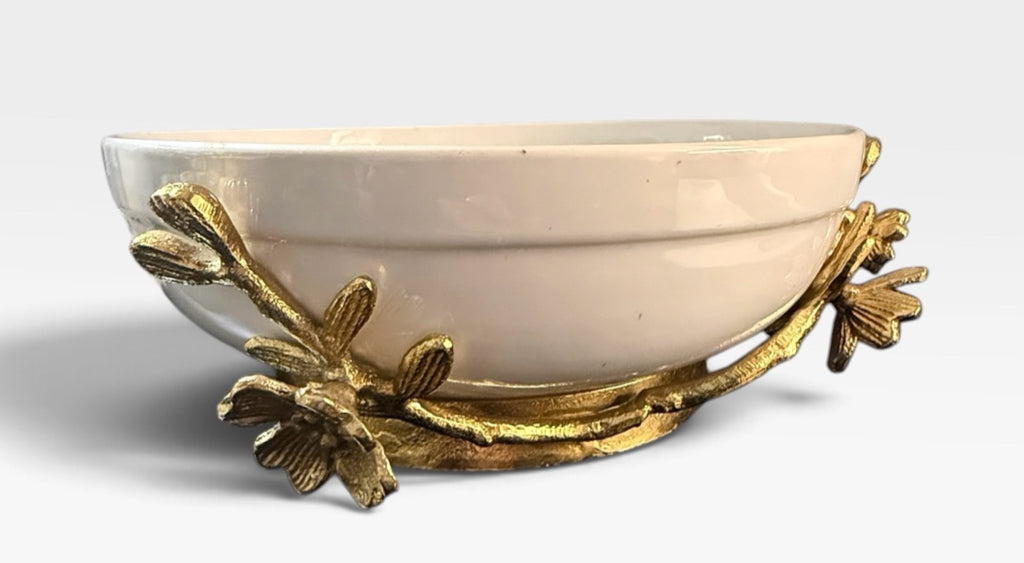 Ceramic decorative/salad bowl, gold/magnolia accent, 10"W x 10"D x 4"H