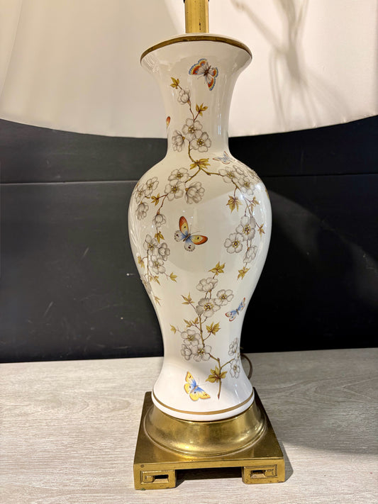 VTG Nathan Lagin Chinoiserie Cherry Blossom Lamp, Brass Base, 32"H x 20"Dia