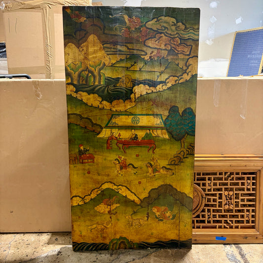 VTG Hand-Painted Asian Lacquer Wood Panel, 33.5"W x 65.5"H x 3"D