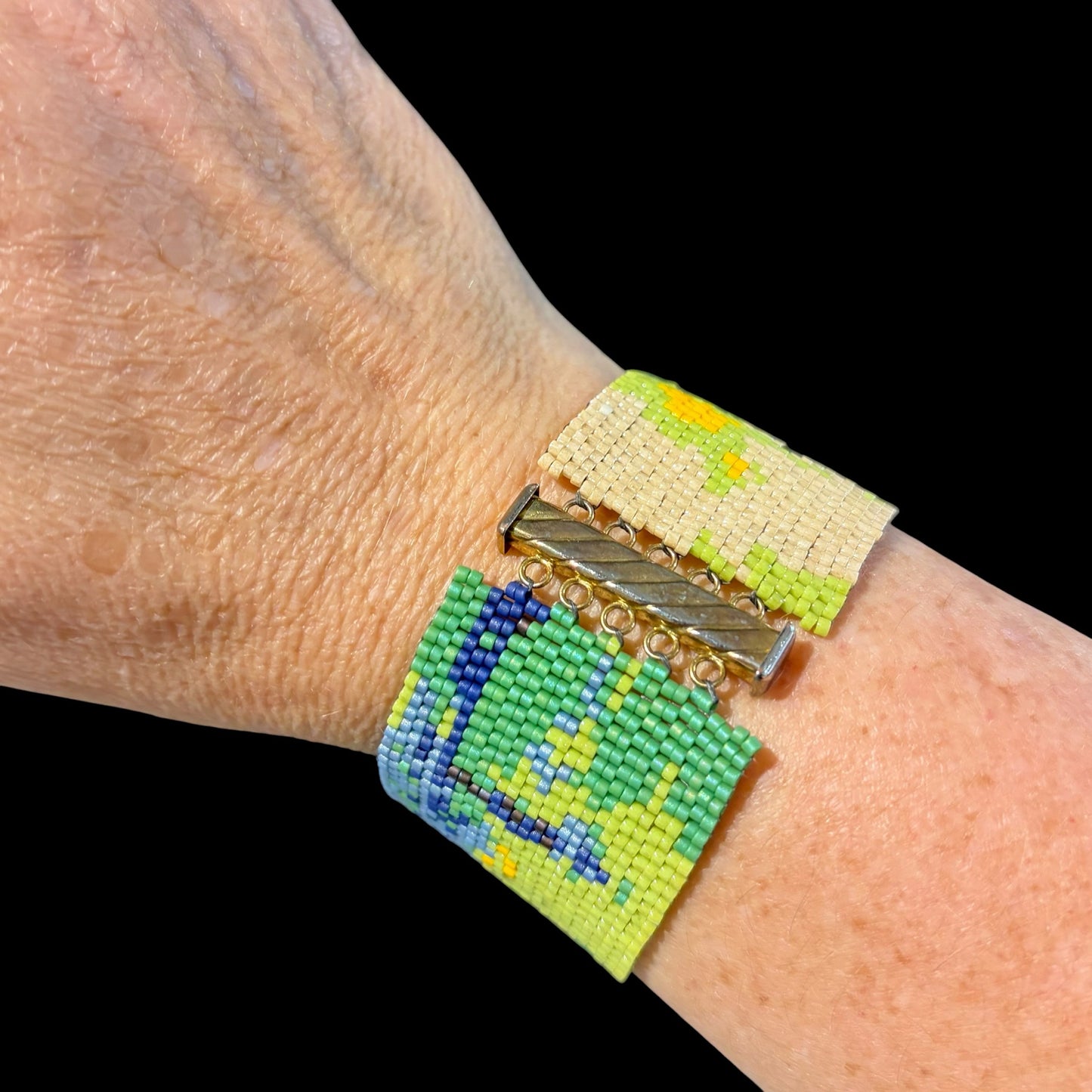 Monet Peyote stitch bracelet by Carrie Prince, Greens/Golds/Blues, 1..4" x 7"L