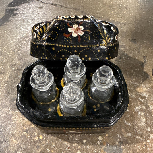 Antique Papier Mache inkwell holder, 4 bottles, 7"L x 5"W x 4.5"H