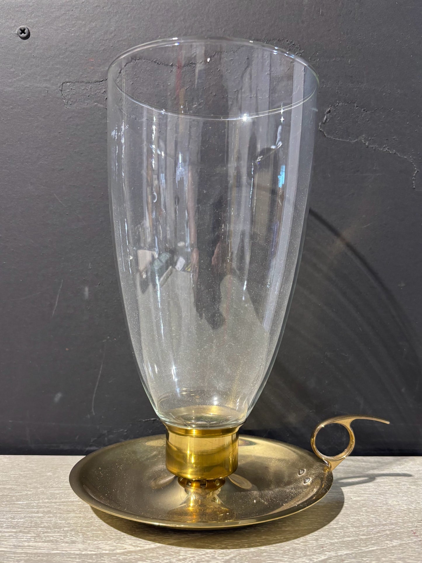 Brass Candleholder, Glass Hurricane 7.5" W x 6" D x 9.5" H