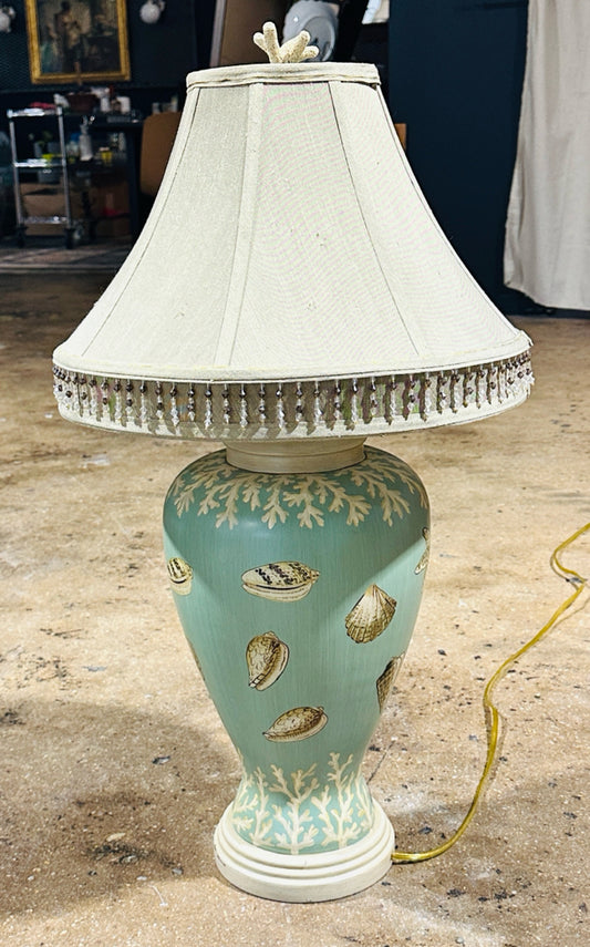 Bob Timberlake lamp, teal w/shells & coral, 10"W x 10"D x 10"D