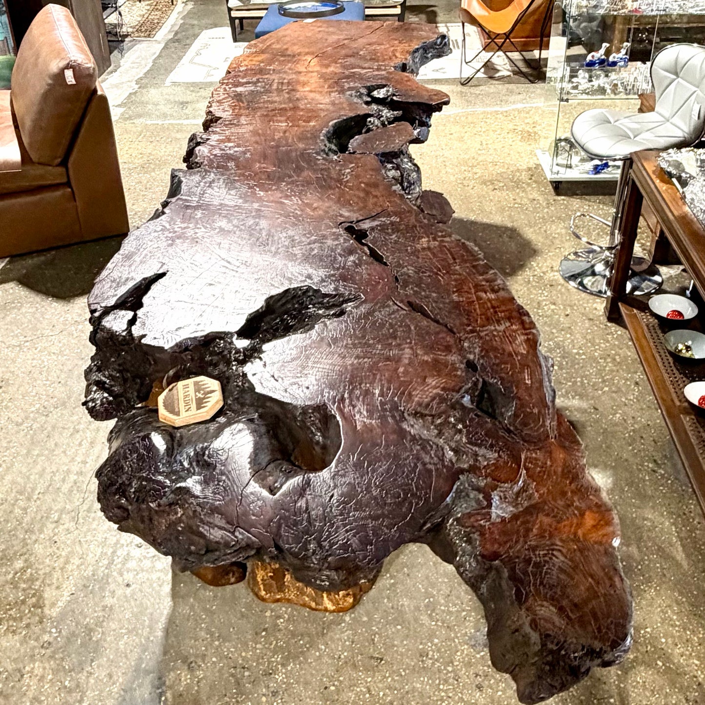 Reclaimed Calif Redwood slab on 2 redwood pedestals, 120"L x 38"W x 33"H