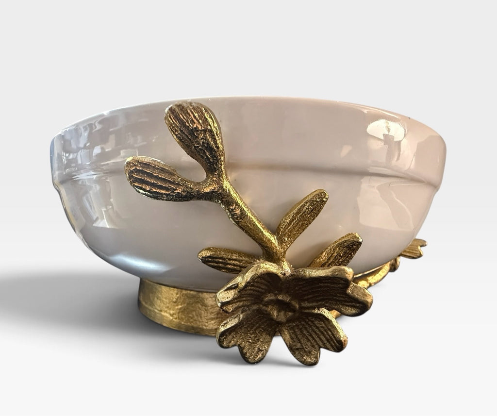 Ceramic decorative/salad bowl, gold/magnolia accent, 10"W x 10"D x 4"H