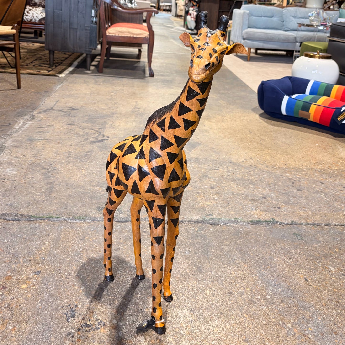 Tall Leather Giraffe Statue, 28.5"H 14" W x 6.5"D