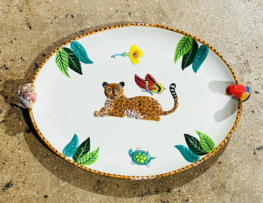 Lynn Chase Atelier platter, monkey/cheetah, 20.5"W x 14.5"D x 2"H