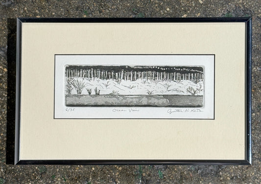 Cynthia Katz etching, Ocean View, black/white, 12"W x 7.5"H x 1"D