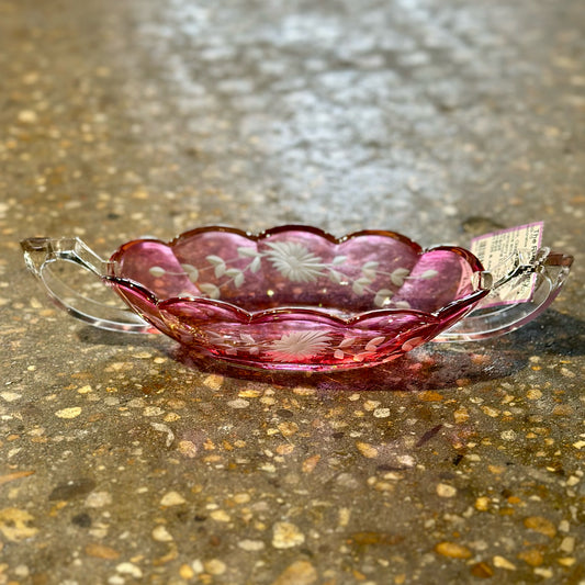 Cranberry Glass Small Oval Dish, Floral Etching, 10" W x 3.75" D