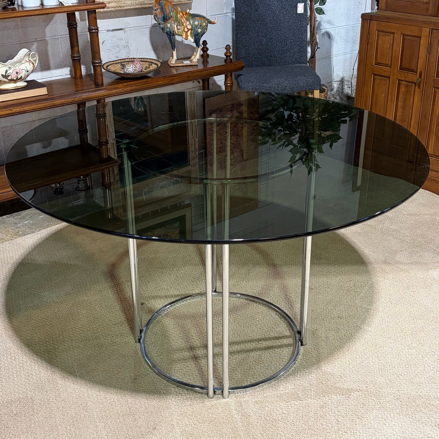 MCM Round Smoke Glass & Chrome Pedestal Table, 48"Dia x 28.5"H