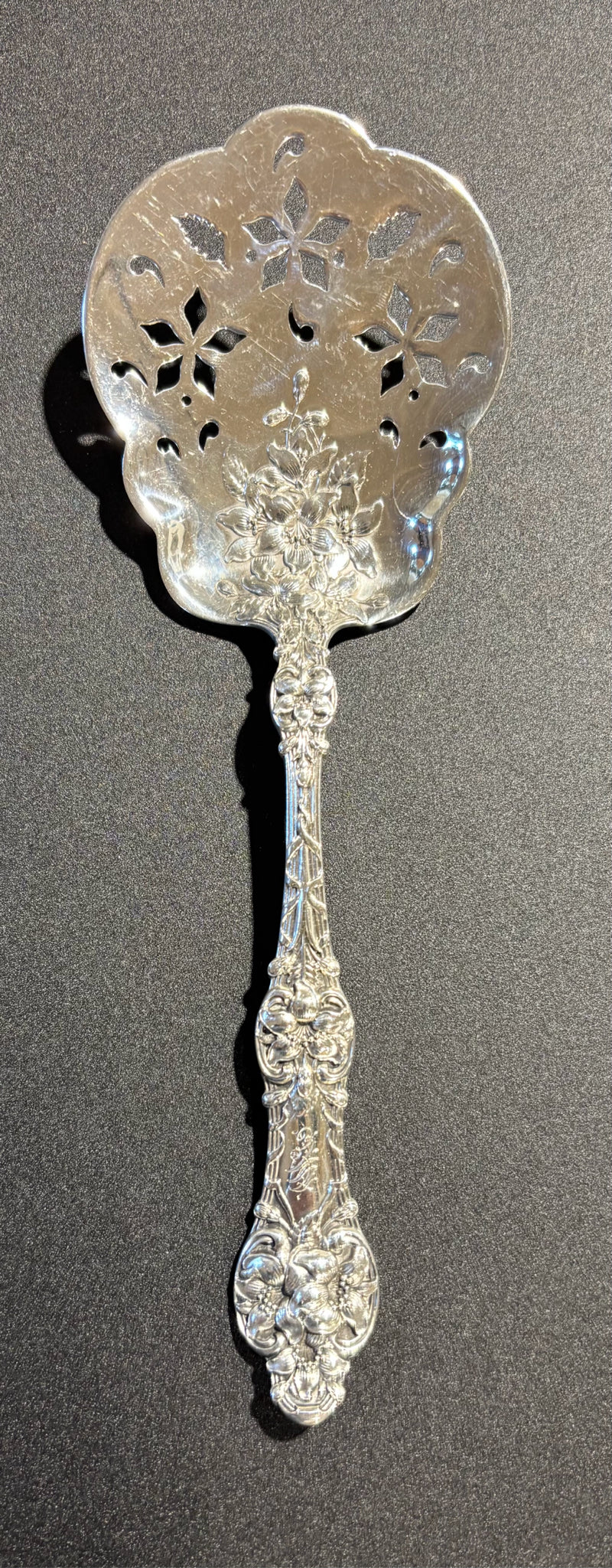 Old Orange Blossom Sterling Tomato  Server, mono, 8" L x 3.75" W x 1.25" H