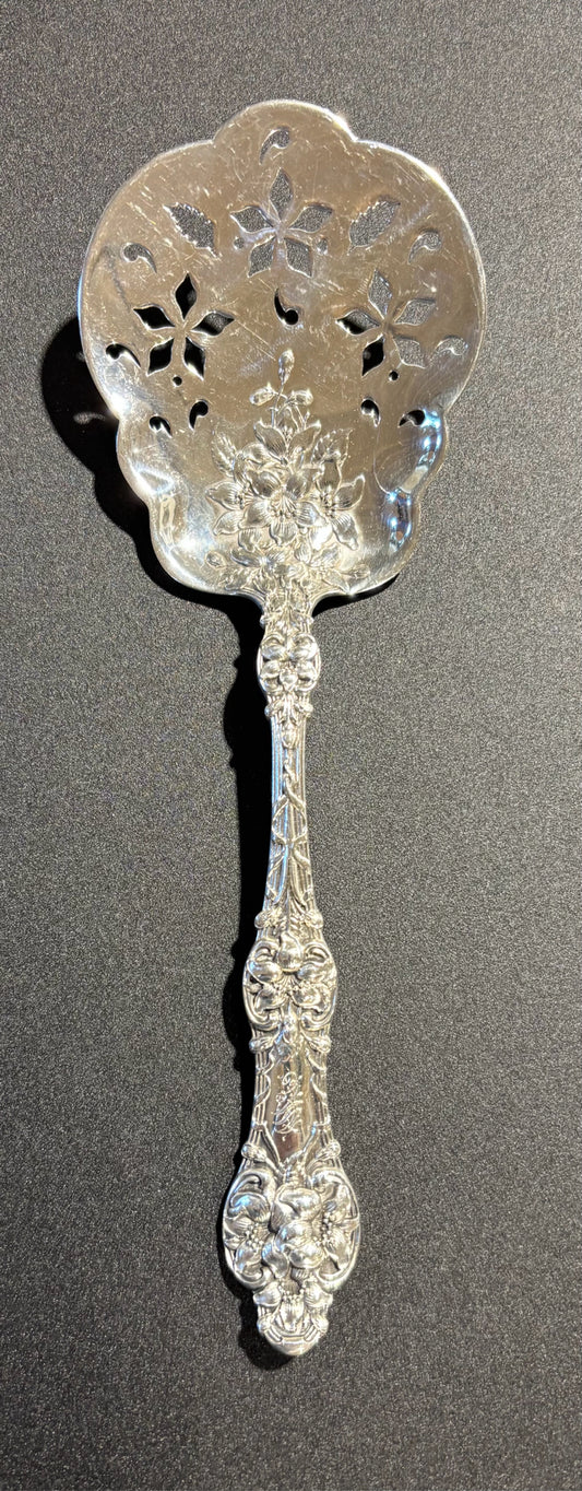 Old Orange Blossom Sterling Tomato  Server, mono, 8" L x 3.75" W x 1.25" H