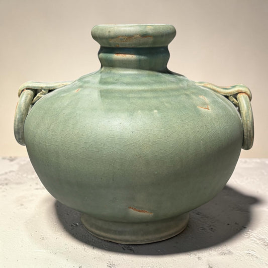 Chinese Celadon Ring Handled Pottery Jug, 8"H x 9"W