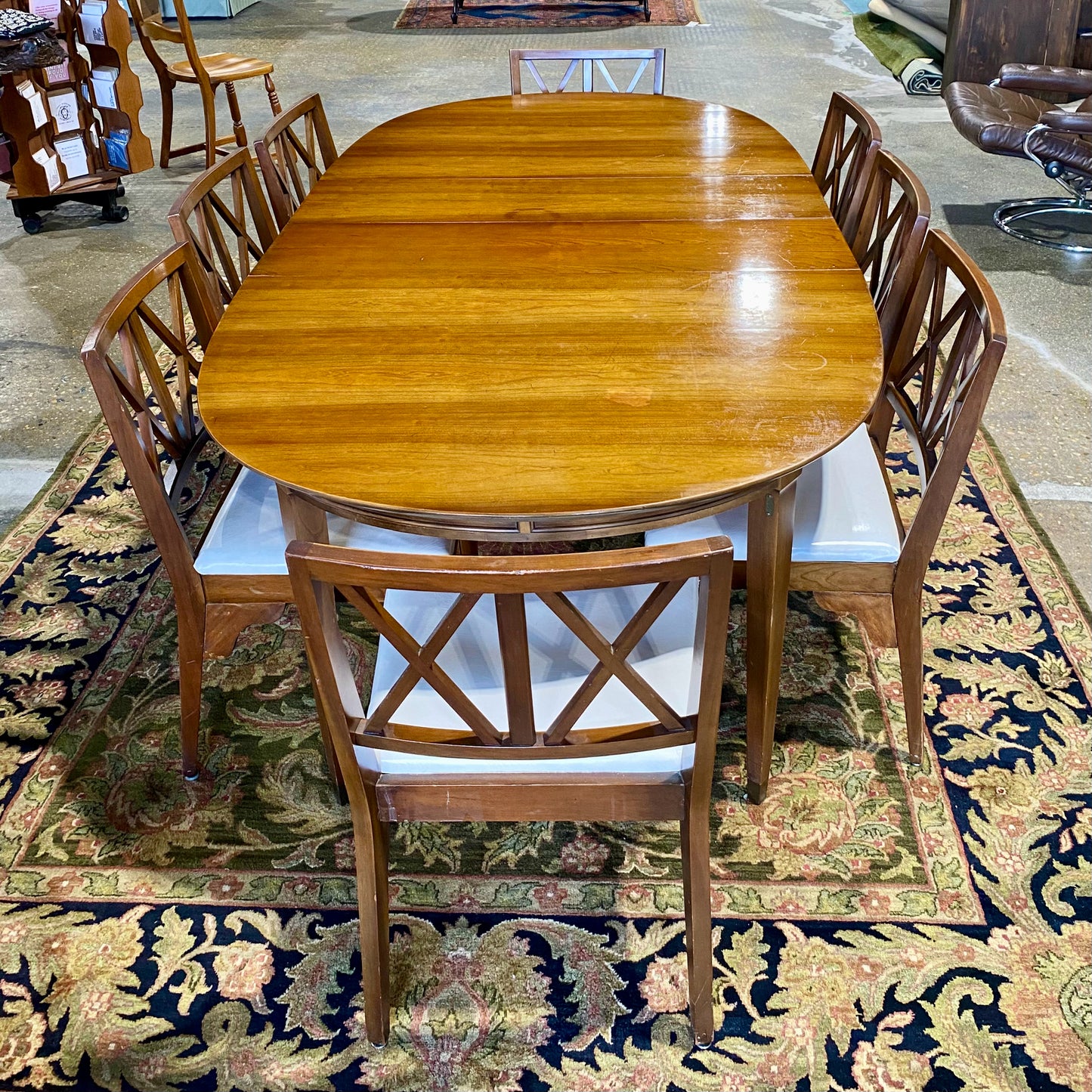Oval Dining Table W/3 Leaves and 8 Chairs, 102"L x 46"D x 29.5"H