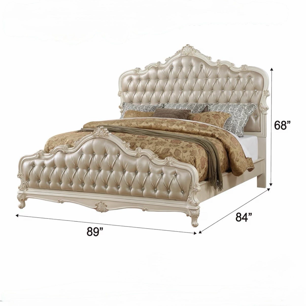 Chantelle King Bed, Rose Gold Faux Leather & Pearl White, 89"W x 84"D x 68"H