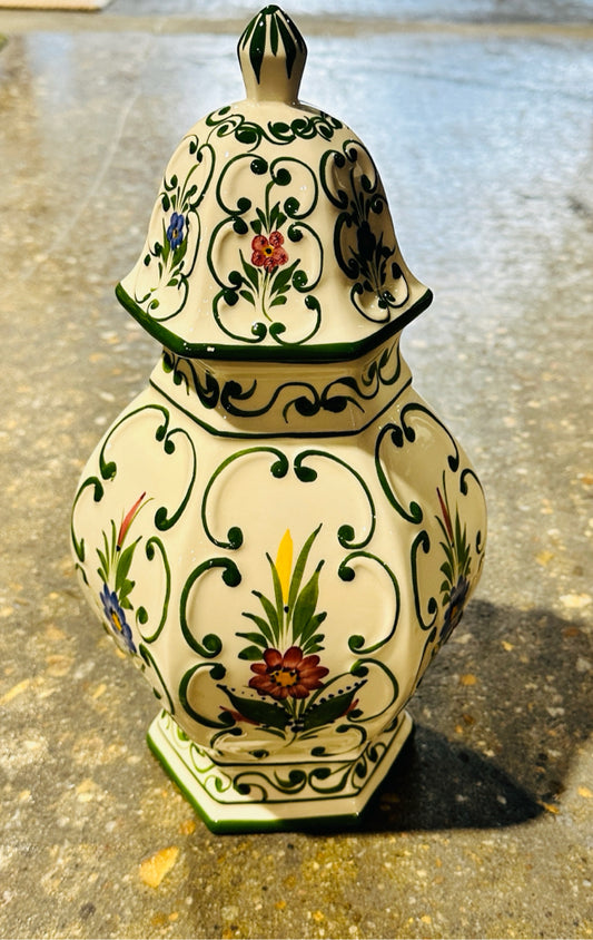 Handpainted ginger jar w/lid, Portugal, 7"W x 7"D x 14"H