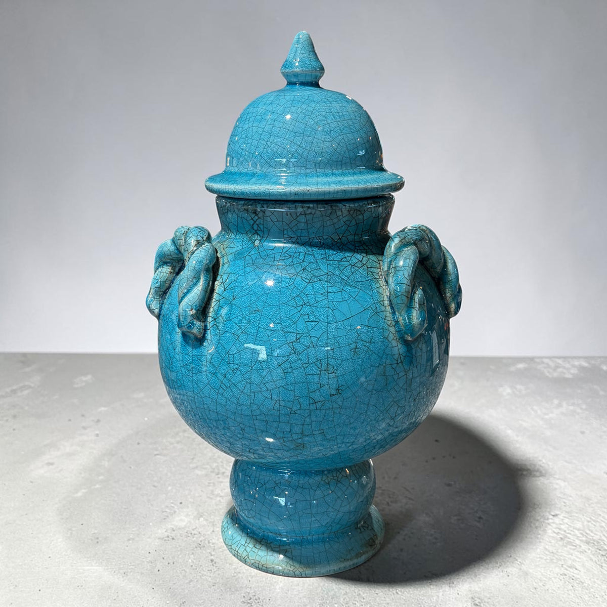 Crackle Finish Aqua Colored Lidded Jar, 14.5"H x 9"Dia