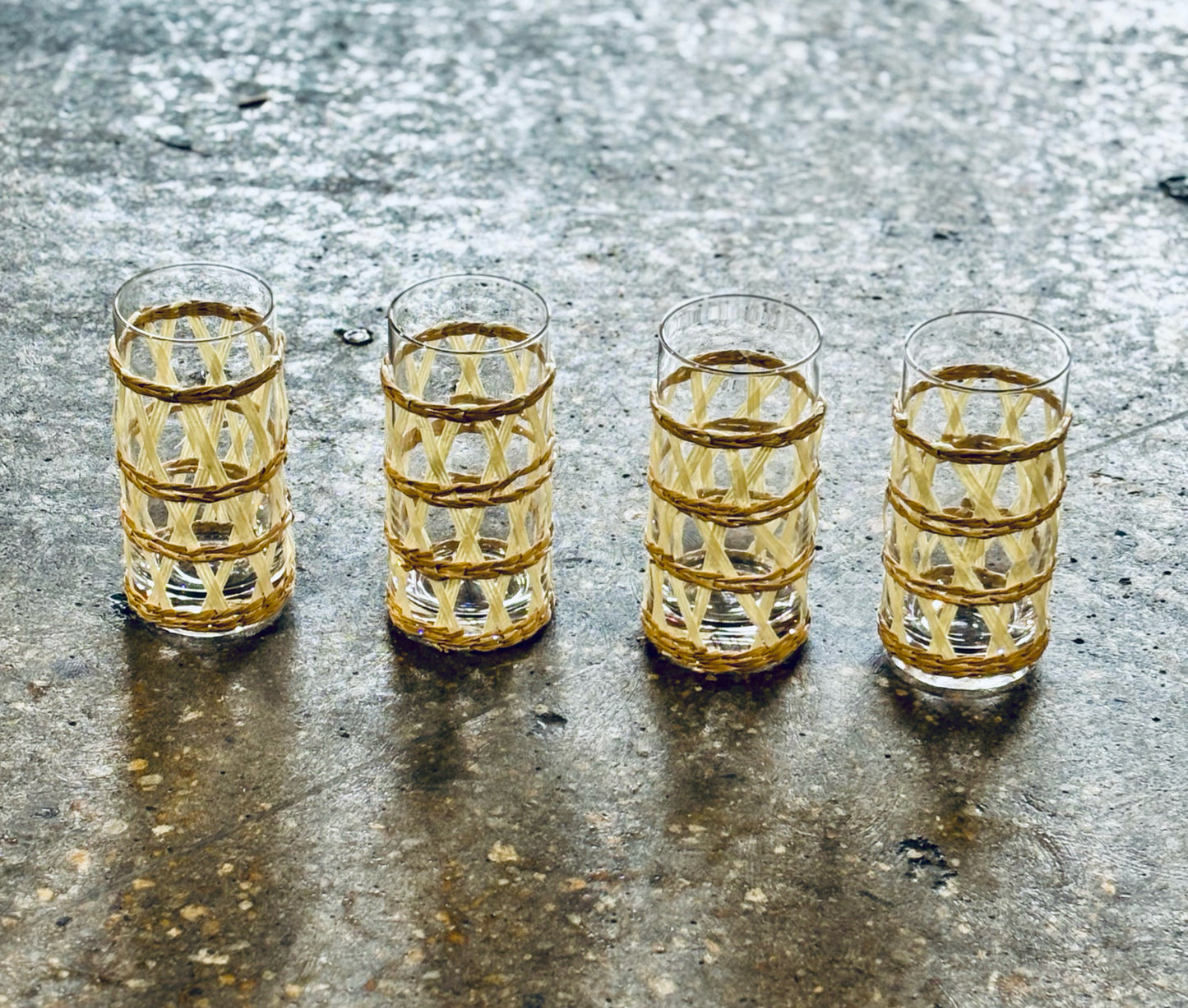 SET 4 Mark & Graham Raffia Wrapped Glasses 6" H x 3" D