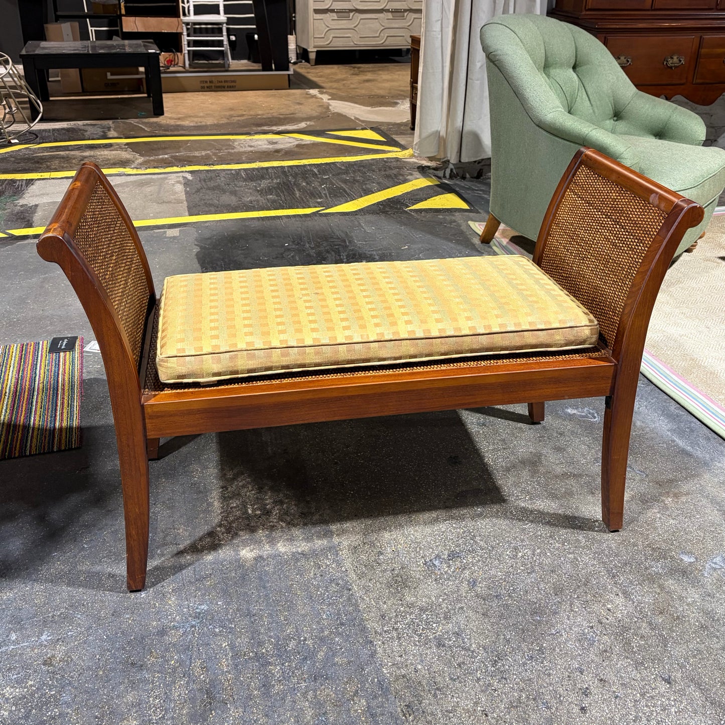 Woven Rattan & Wood Sleigh Bench, 44"W x 18.25"D x 28"H