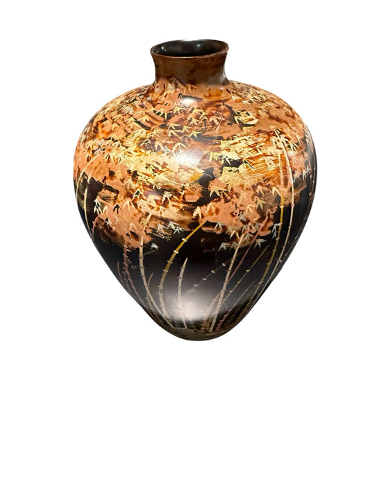 Vietnamese lacquered wood vase, handpainted, 6"H
