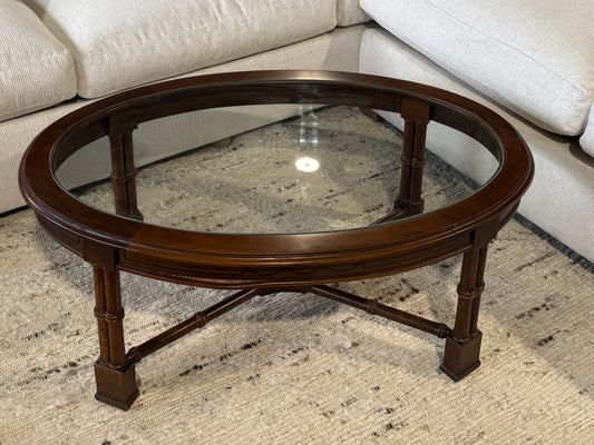 Oval glass top coffee table, bamboo motif, AS IS, 41.5"W x 28"W x 17"H