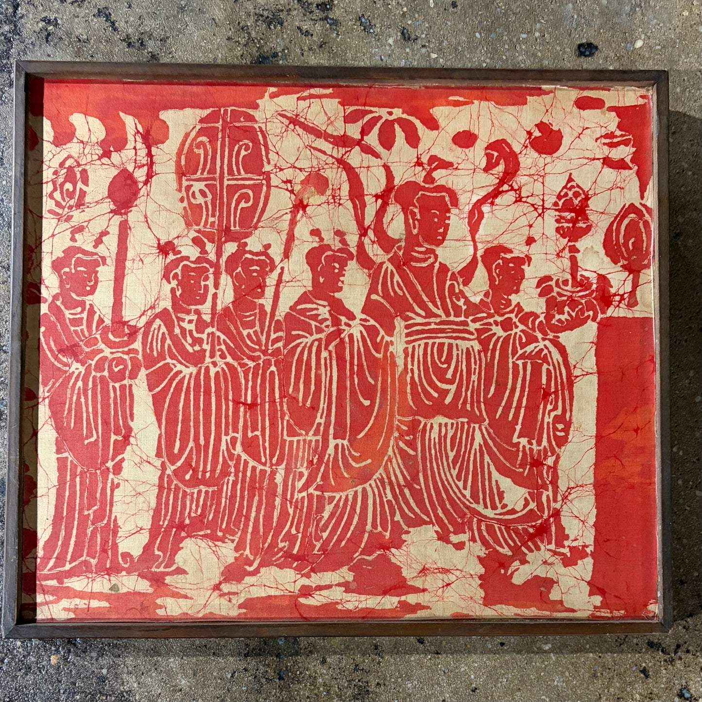 Pair of VTG Chinese Batiks, Buddhist Procession, 14.5"H x 16.5"W x 1"D each