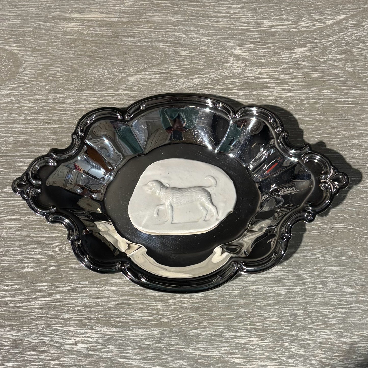 Dog Intaglio on Silverplated Dish 6" L x 9.25" W x 1" H