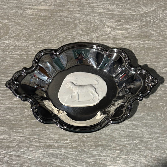 Dog Intaglio on Silverplated Dish 6" L x 9.25" W x 1" H
