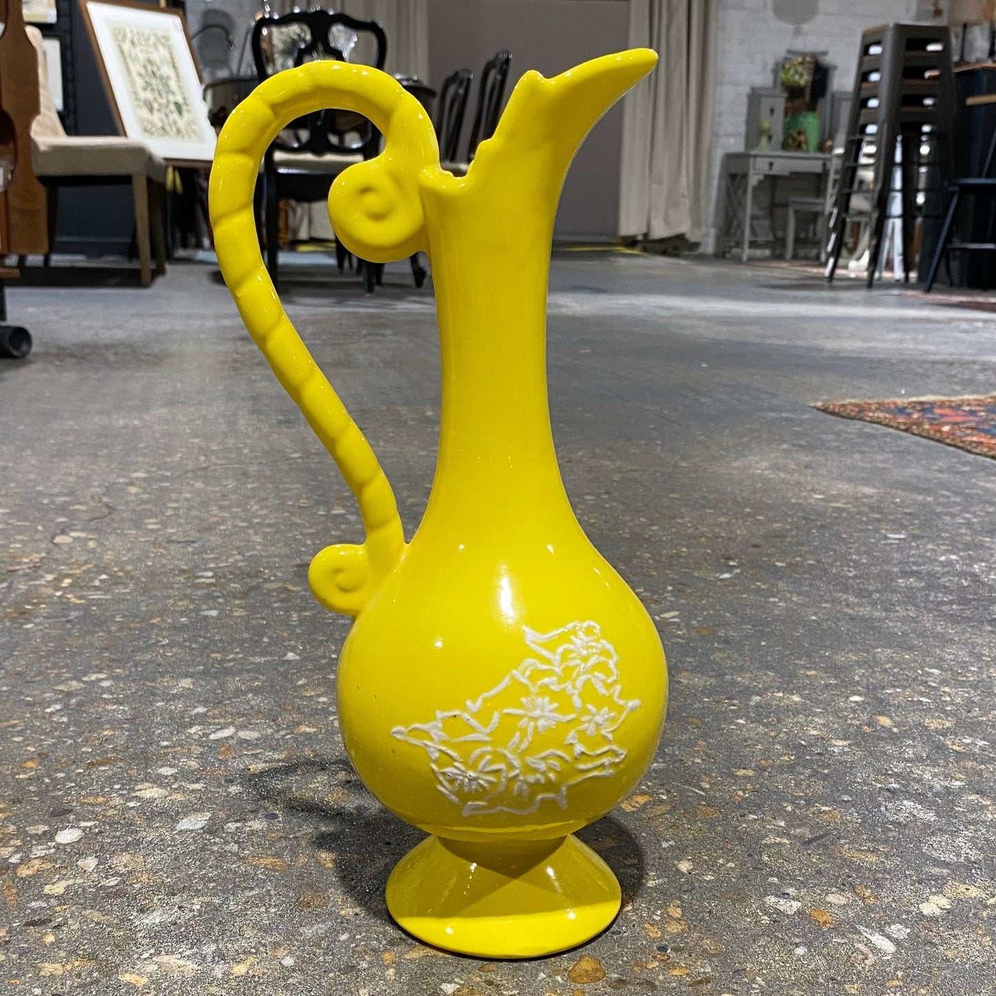 Vintage Tall Yellow Pitcher, 13"H x 7"W x 5.5"D