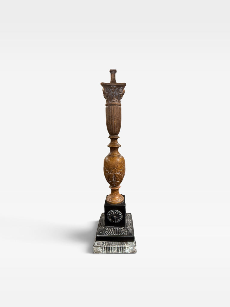 Carved wood column w/crystal base table lamp