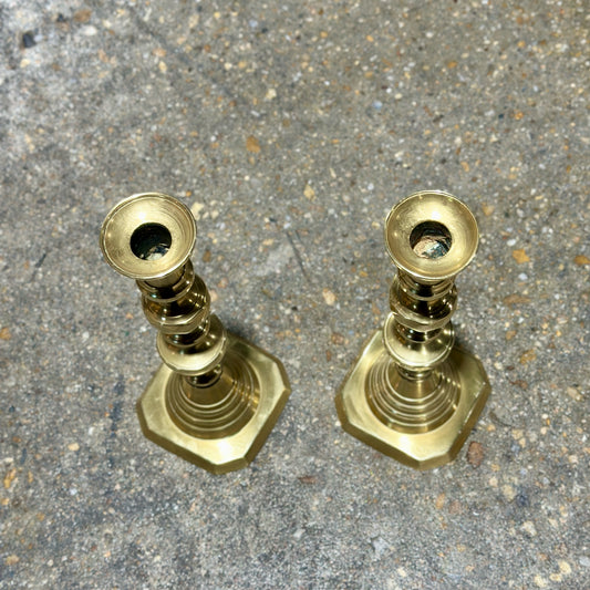 PAIR of vintage brass candlesticks, 11"H