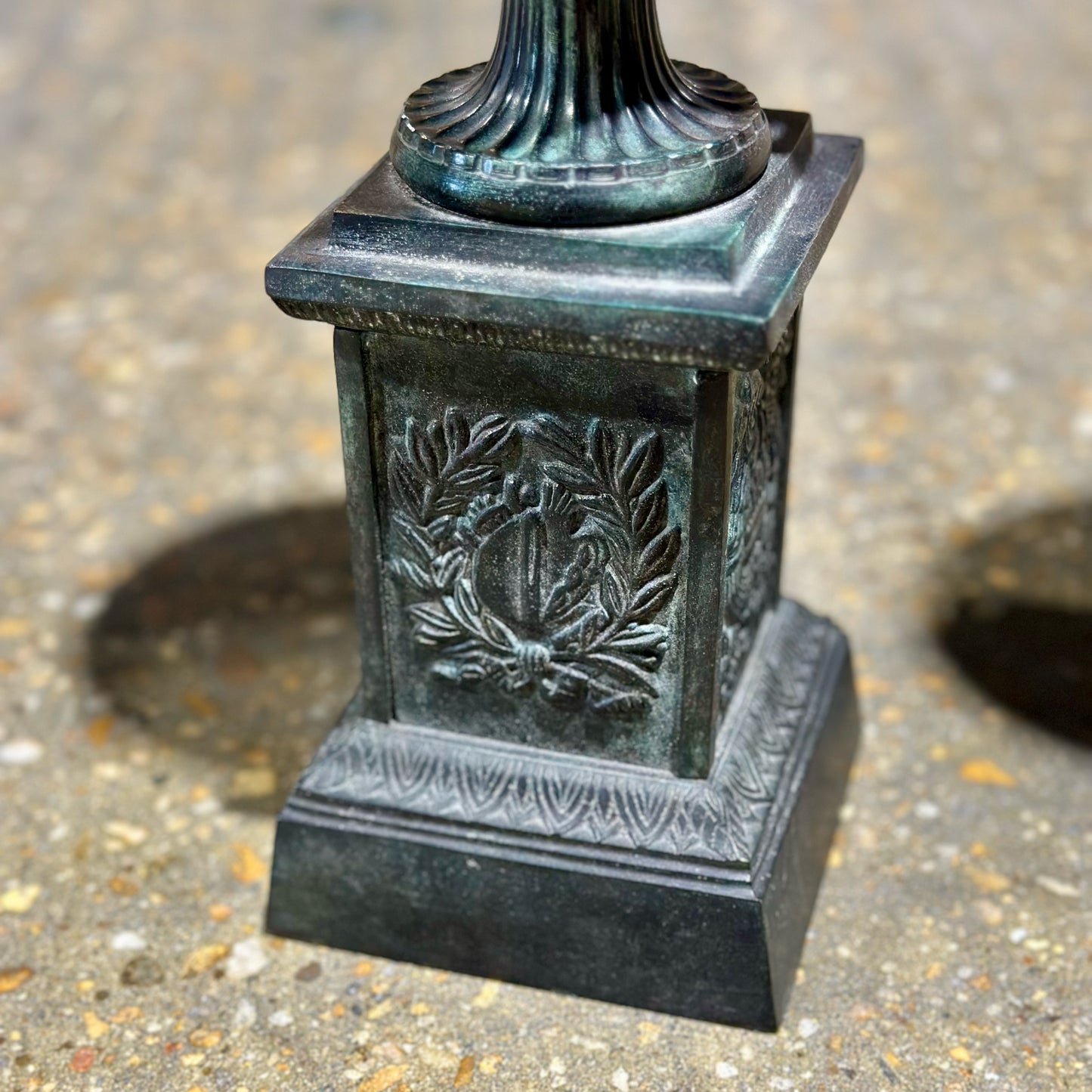 Pair of Neoclassical Pedestal Urns, Aged Cast Metal, 6" Dia x 14.25" H