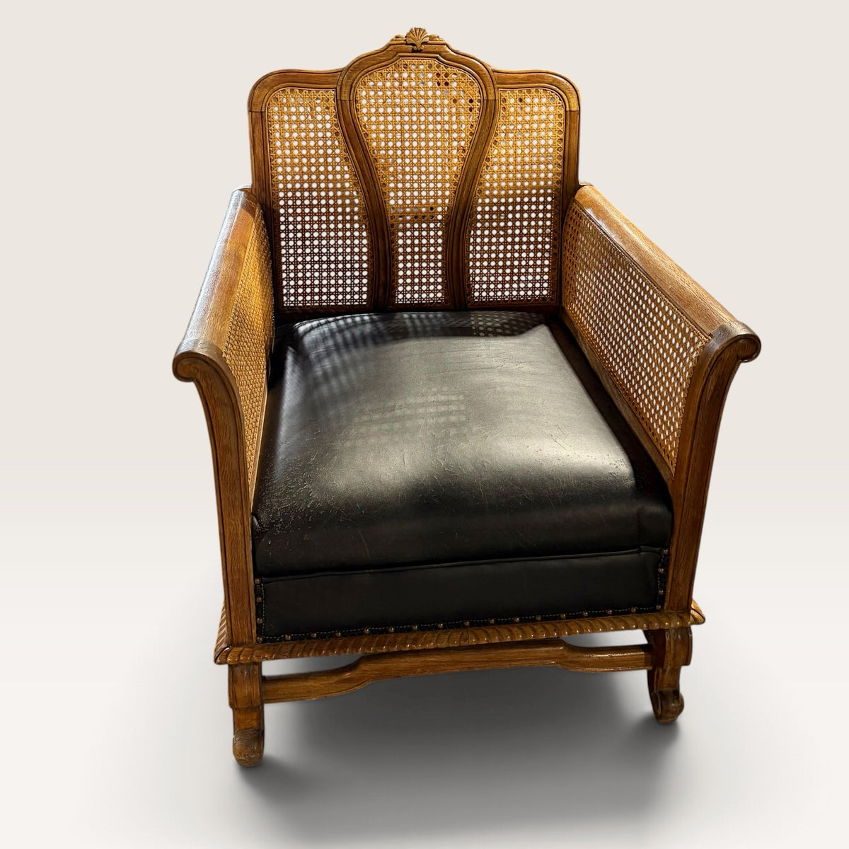 1930's Teak & Cane Ladies Bergere Chair w/Black Leather Seat
