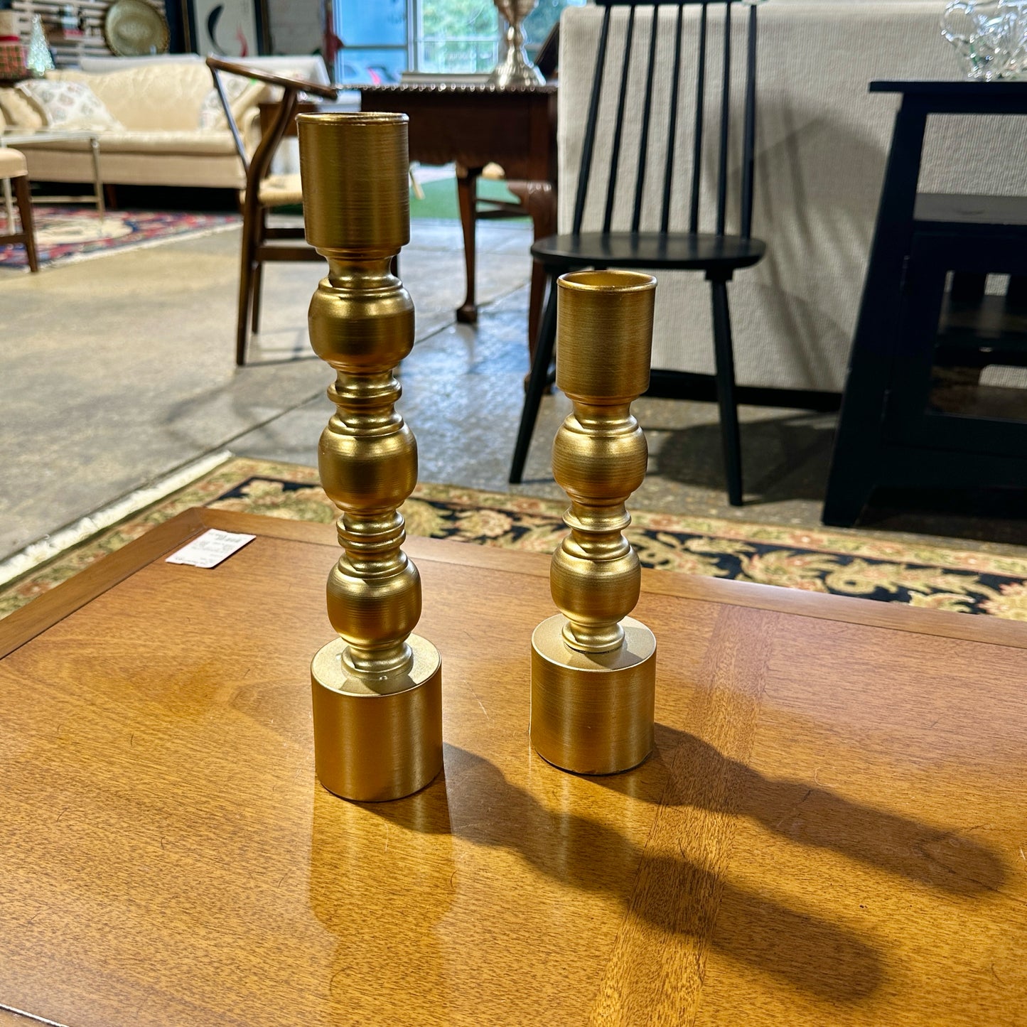 Pair of Metallic Gold Taper Candleholders, 2.5" Dai x 10" H & 13" H