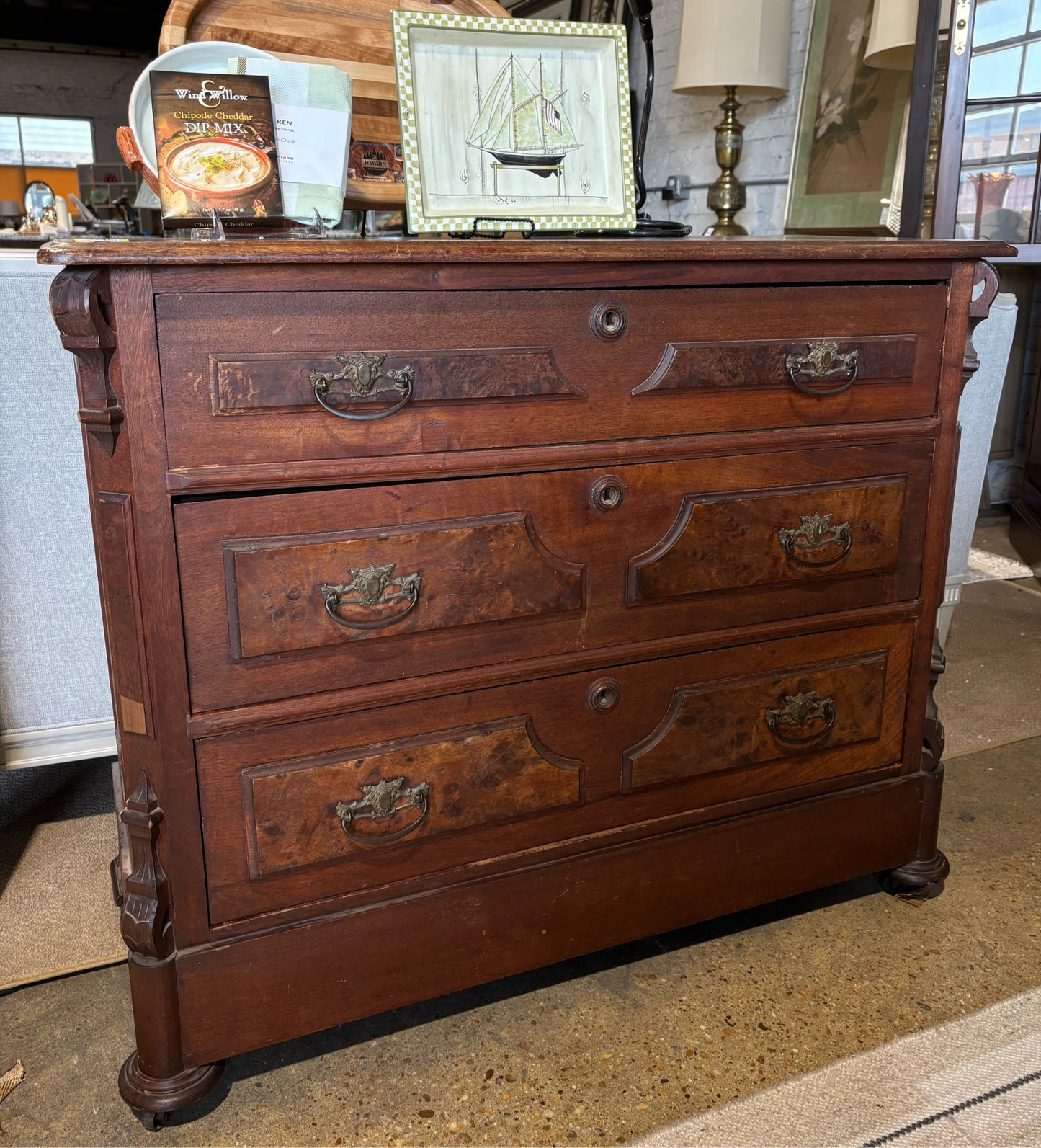 Burled Walnut Victorian 3 Drawer Dresser, 19"Wx41"Lx33.5"H
