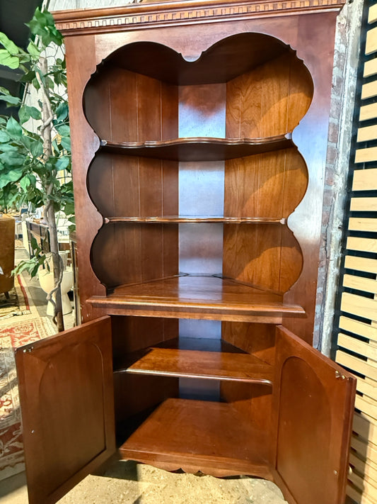 Cushman (?) corner cabinet, cherry finish, 34"W x 16.5"D x 69"H