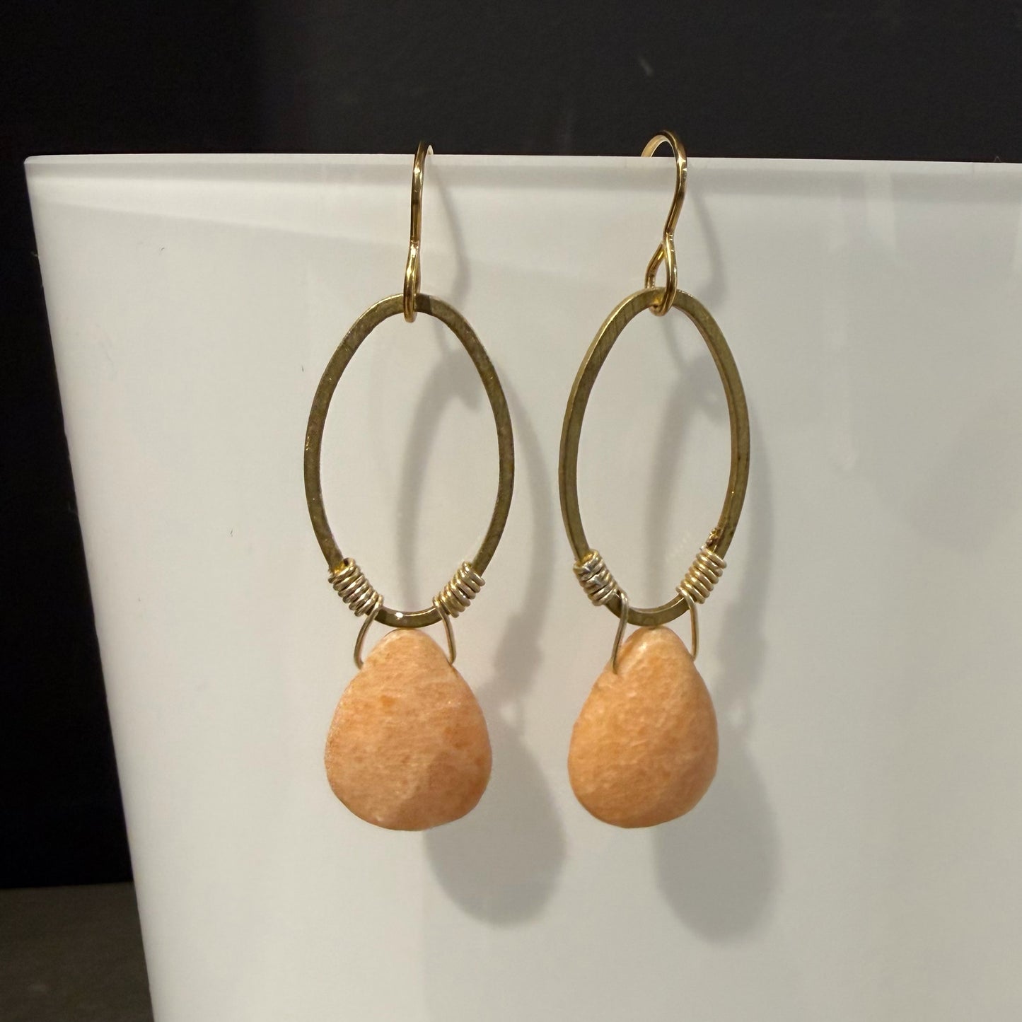 Peach Moonstone & Brass Earrings, 2.25"L, Carrie Prince Wearable Art