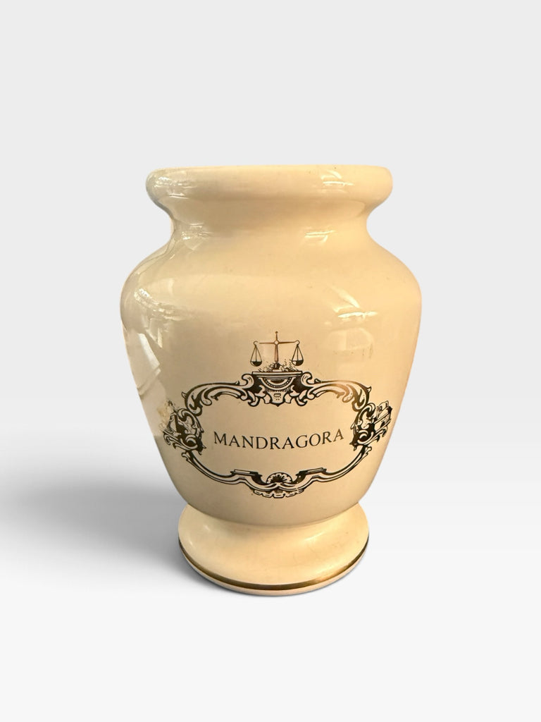 VTG Eli Lilly Mandragora apothecary jar, no lid, cream/gold, 6"H