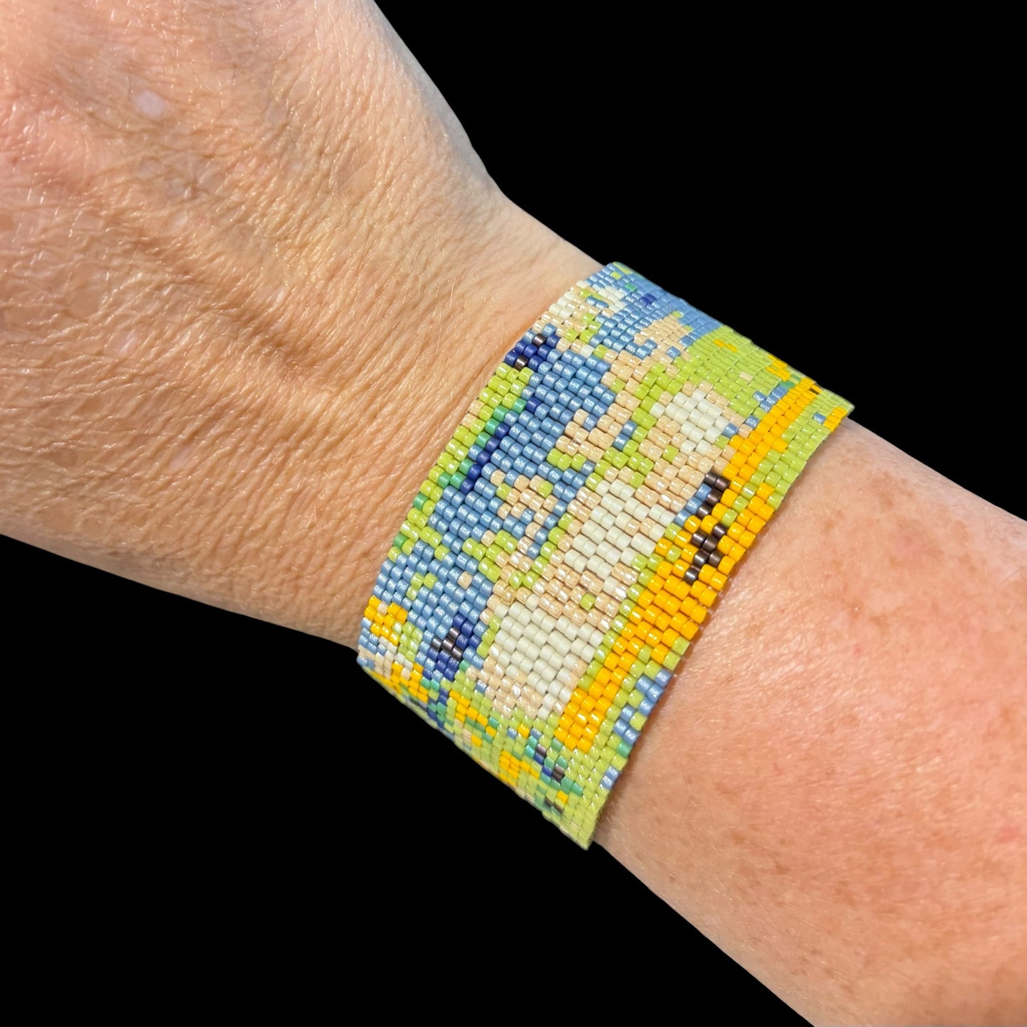 Monet Peyote stitch bracelet by Carrie Prince, Greens/Golds/Blues, 1..4" x 7"L
