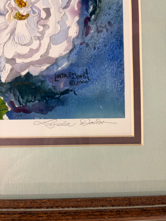 Signed/numbered watercolor print, Camelias, Linda Doust, 2000, 18"W x 18"H x 1"D