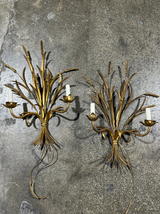 PAIR of antique Italian wheat sheath sconces, 22"H x 12"W x 8"D